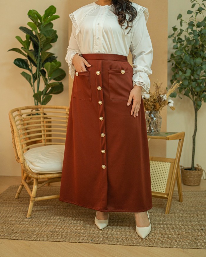 Ji-Soo Button Skirt (Brick Red)